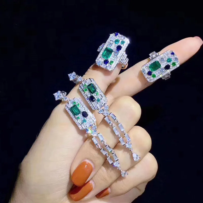 PT950 Platinum Plated Simulation Emerald Jewelry Sets Aesthetic ArtDeco Edwardian Women 2022 New Trendy Dangle Earrings Rings