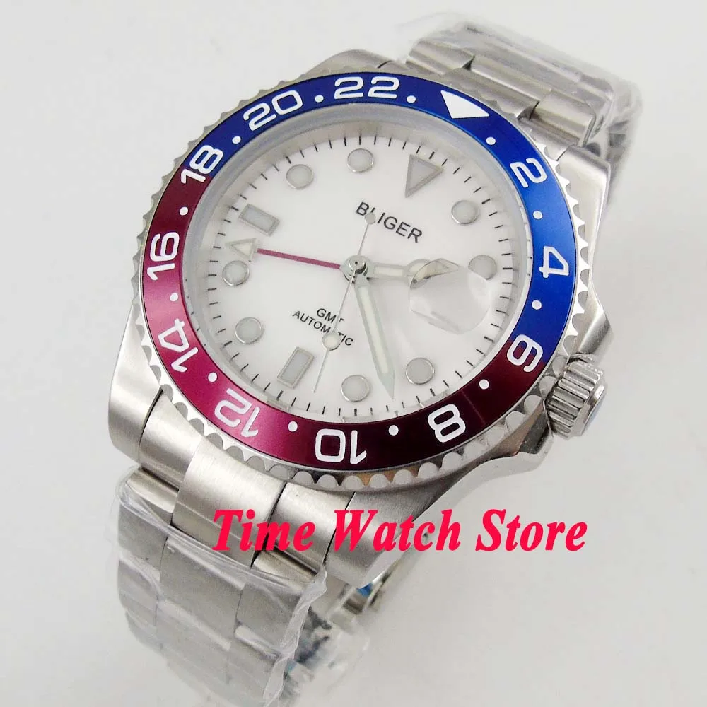 Bliger Automatic GMT Watch for Men White Dial 40mm 43mm Mingzhu 3804 Movement Date Sapphire Crystal Aluminum or Ceramic Bezel