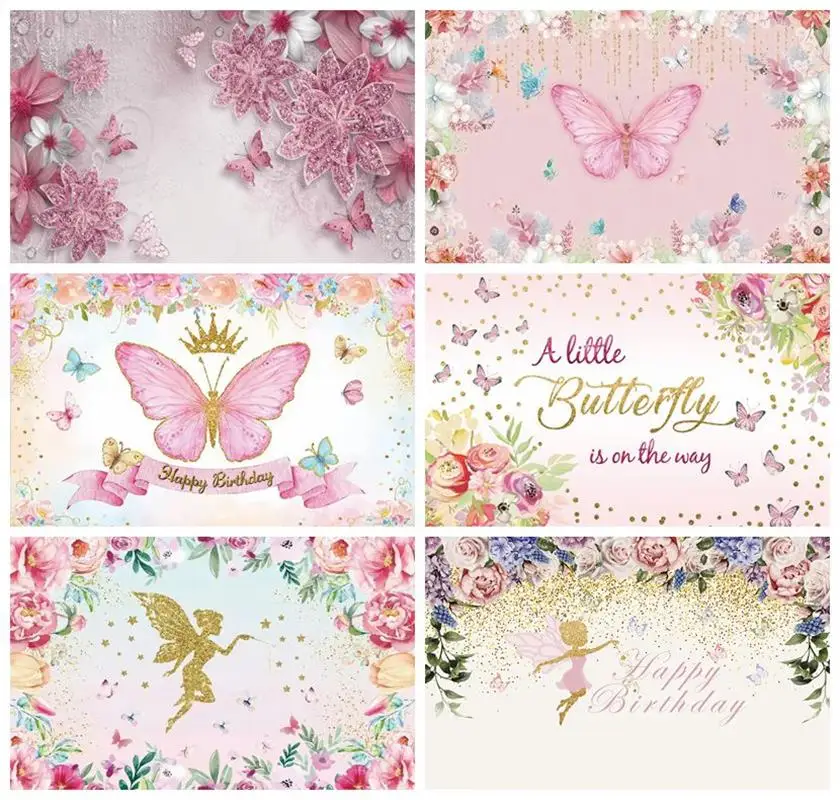 

Laeacco Pink Flowers Butterfly Glitters Gold Background Girls Birthday Baby Shower Portrait Customized Photography Backdrop