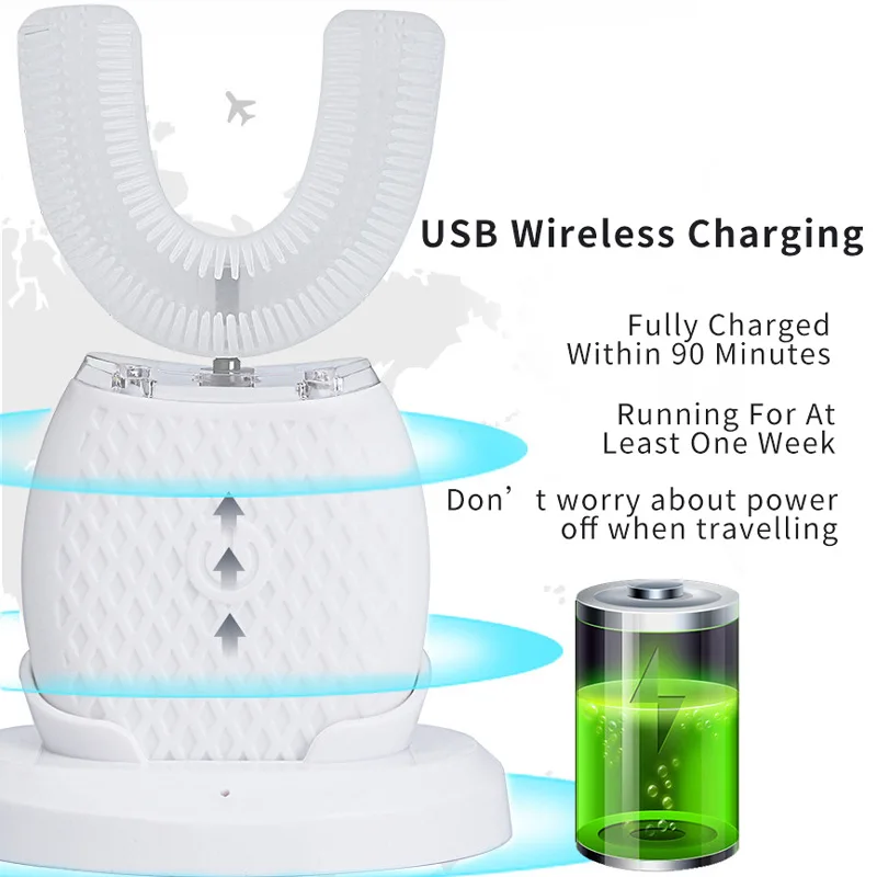 U-شكل فرشاة الأسنان الكهربائية USB قابلة للشحن 360 درجة فرشاة أسنان أوتوماتيكية الضوء الأزرق البارد تبييض الأسنان 4 طرق مقاوم للماء