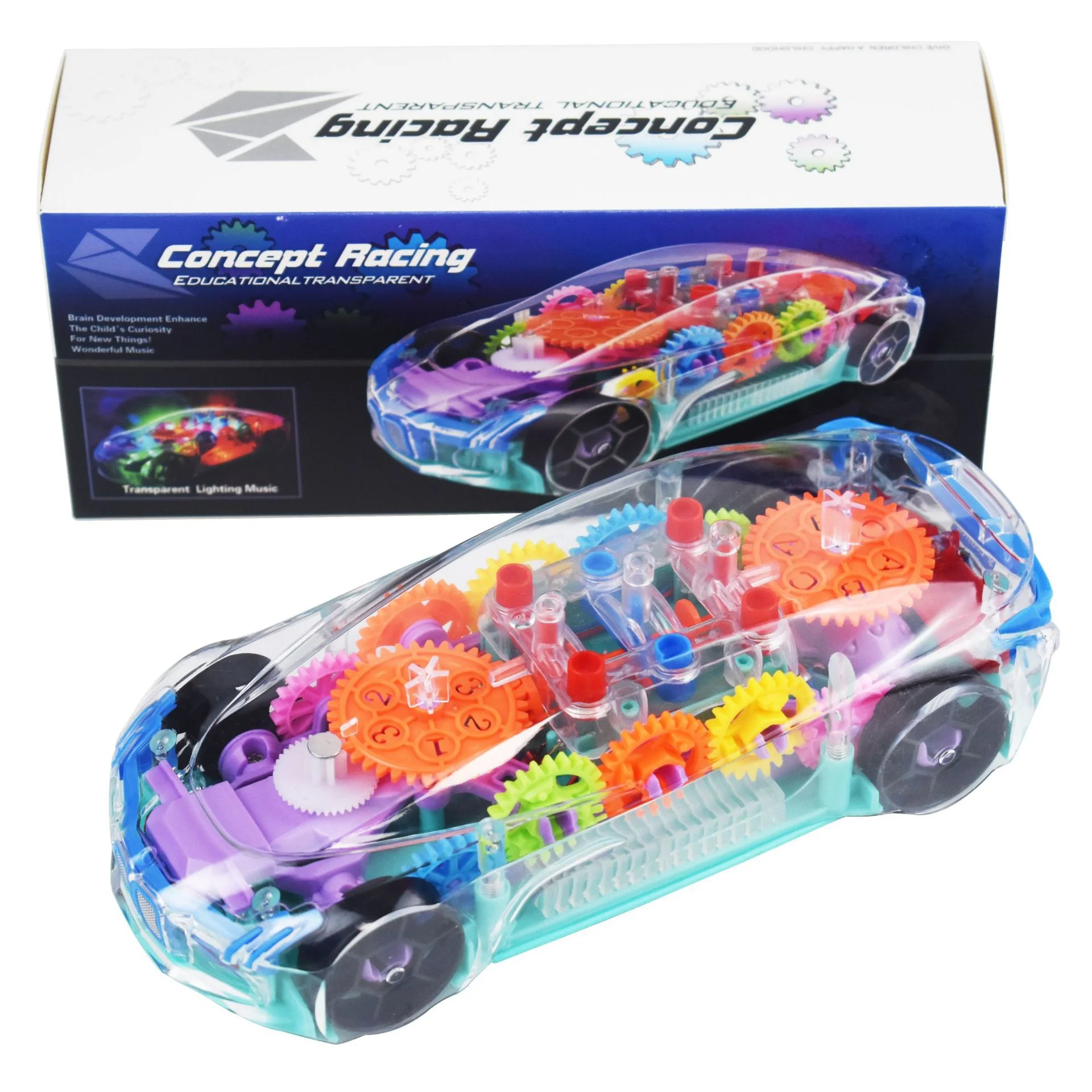 Bambini lampeggianti auto da corsa elettriche giocattoli luce trasparente colorata musica a LED attrezzatura meccanica veicolo modello luminoso regalo per bambini