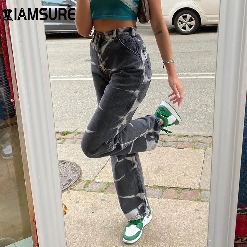 IAMSURE Cool Tie Dye Print High Waisted Jeans Female 2020 Loose Straight Trousers Wide Leg Pants Casual Streetwear Korean Style