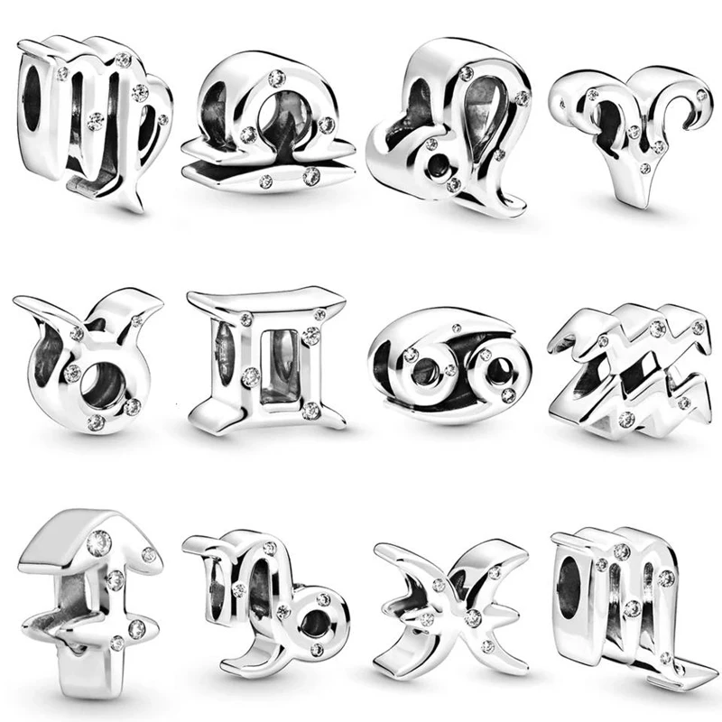 12 Months Clear CZ Sparkling Zodiac Charm Beads for Jewelry Making Silver 925 Beads for Charms Bracelets Birthday Jewelry Gifts