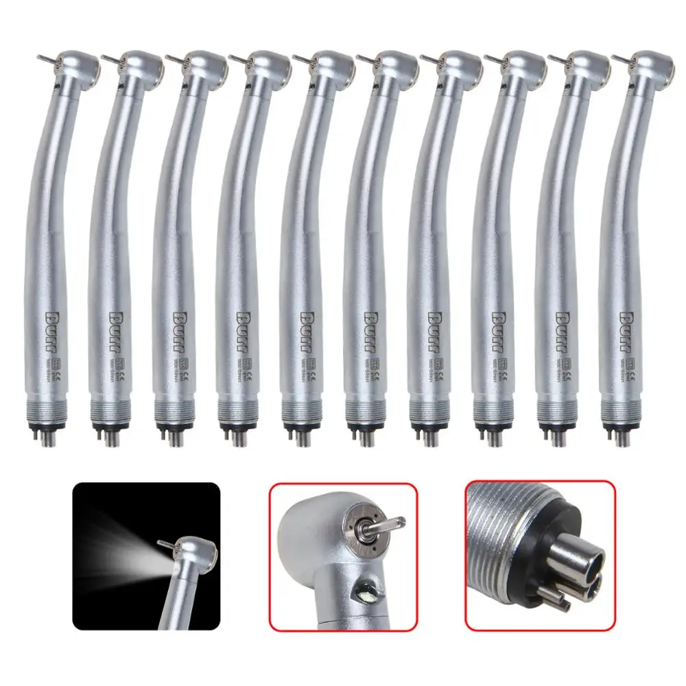 

10 PCS KAVO Style Dental LED E-generator 4 Hole Large Head 3 Water Spray Push Button Fiber Optic High Speed Handpiece Burr UDM