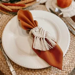 Wedding Napkin Rings Handmade Feather Macrame Cotton Napkin Ring Holder Wooden Rings Dinner Table Decoration Craft Party Supply