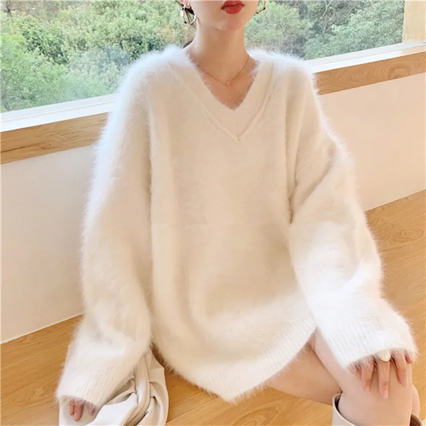 

JSXDHK Fashion Autumn Winter Mink Cashmere Soft White Sweater Lazy Style Women V Neck Soft Warm Thick Knitted Loose Pullovers