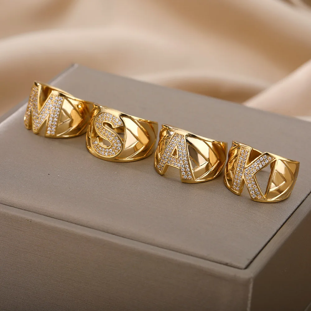 Chunky Wide Hollow A-Z Letter Rings For Women Zircon Adjustable Gold Color Opening Ring Initials Alphabet Female Party Jewelry image 3