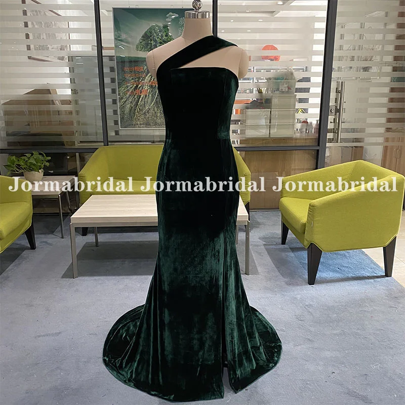 Dark Green Mermaid กำมะหยี่ชุดเจ้าสาวง่ายหนึ่งไหล่สูง Slit Gowns งานแต่งงาน Robe De Soirée เจ้าสาวแม่บ้านชุด