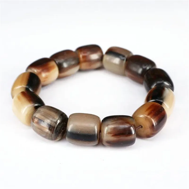 16MM 14Beads Natural Yak Horn Beaded Bracelets for Man Barrel Beads BB-223