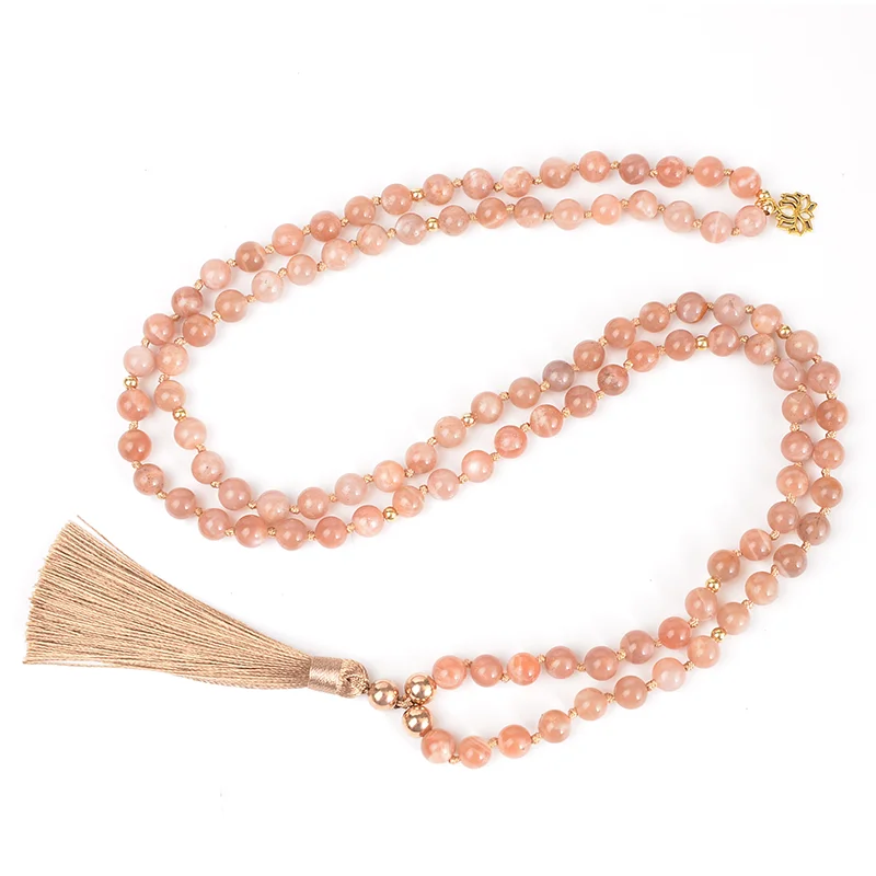 8mm Natural Sunstone Beads Knotted 108 Japamala Necklace Meditation Yoga Blessing Tibetan Rosary Jewelry Bracelet Set with Lotus