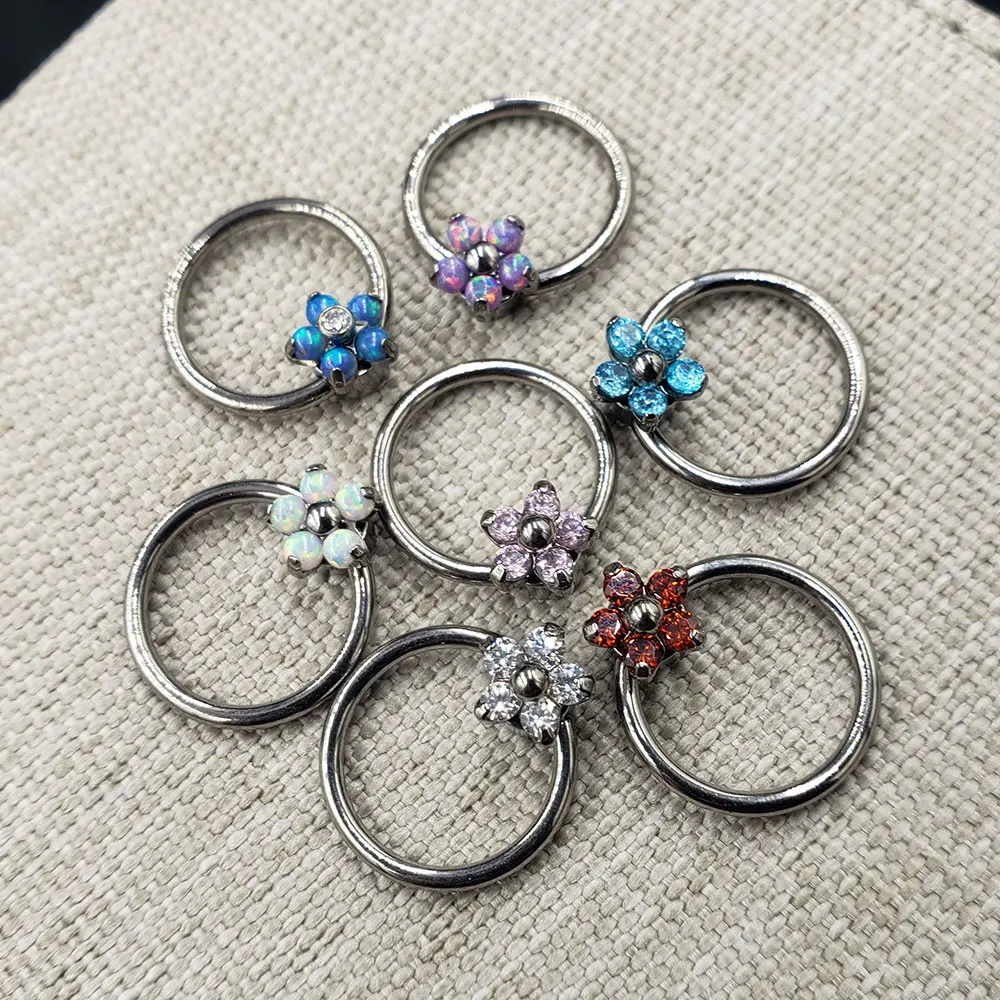 16G Titanium ASTM F136 Captive Bead Ring with Flower Opal for Nipple Septum Daith Conch Helix Cartilage Piercing Body Jewelry