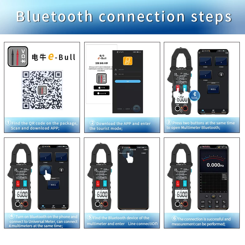 ZOYI-Multímetro Digital Bluetooth, 5BQ Braçadeira Medidor, 6000 Contagem, True RMS, DC, Testador de Tensão AC, Corrente Hz, Capacitância Ohm