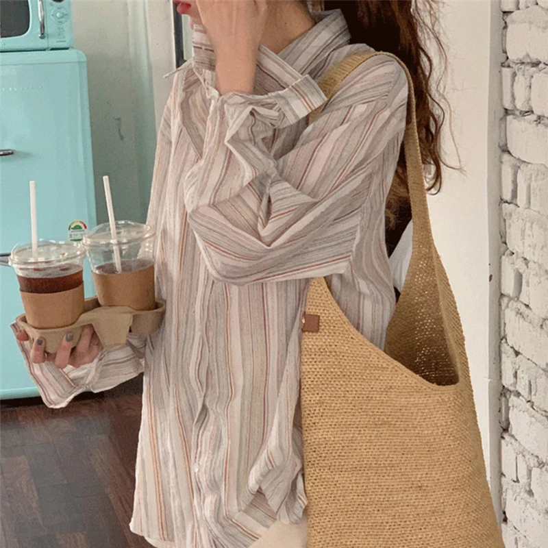 BL3532 New 2023 Fashionable Oversized Single Breasted Shirts Striped Vintage Minimalist Summer Autumn Women\'s Blouses Wild Tops