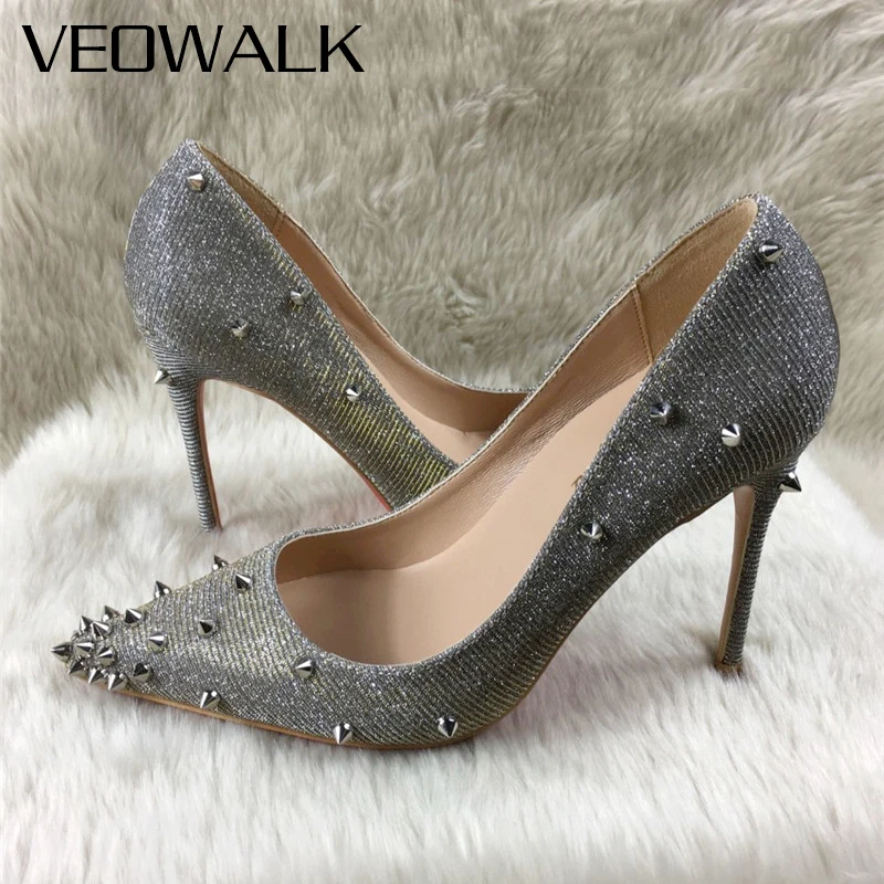 

Veowalk Metal Spikes Women Glitter Silver Pointy Toe Stiletto Pumps Sexy Ladies Party Dress Shoes 8cm 10cm 12cm High Heels 33-45