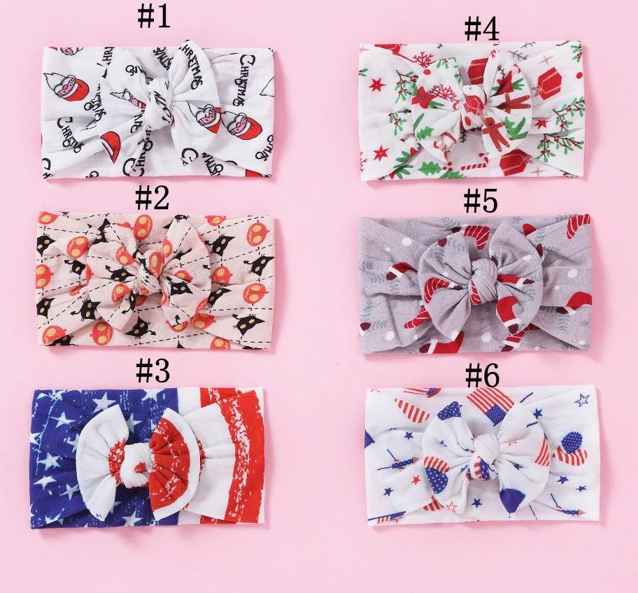 2019 New Flag Print Nylon Headbands Kids Hair Accessories Newborn Girls Print Bowknot Turban Bandage Christmas Headwear 30pc/lot