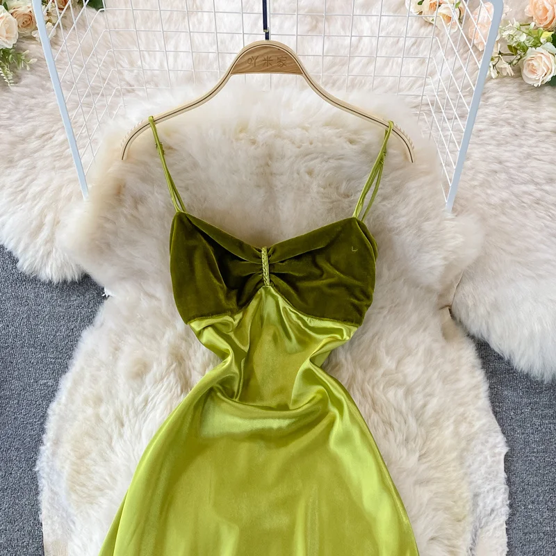 해변 해변 스파게티 스트랩 슬립 드레스, 연예인 스타일 가벼운 럭셔리 연회 새틴 드레스, 여성 이브닝 파티 무릎 긴 드레스