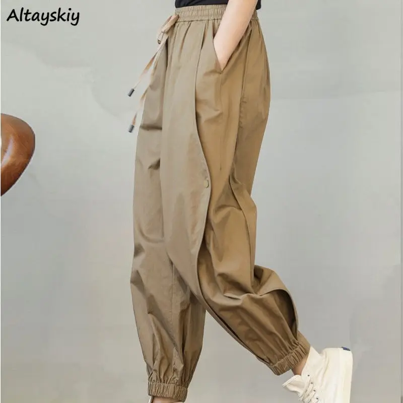 Causal Pants Women Khaki Stylish Pockets Spring Solid Ankle Length Unisex Streetwear  Aesthetic Harem Trouser Chic Soft Hot