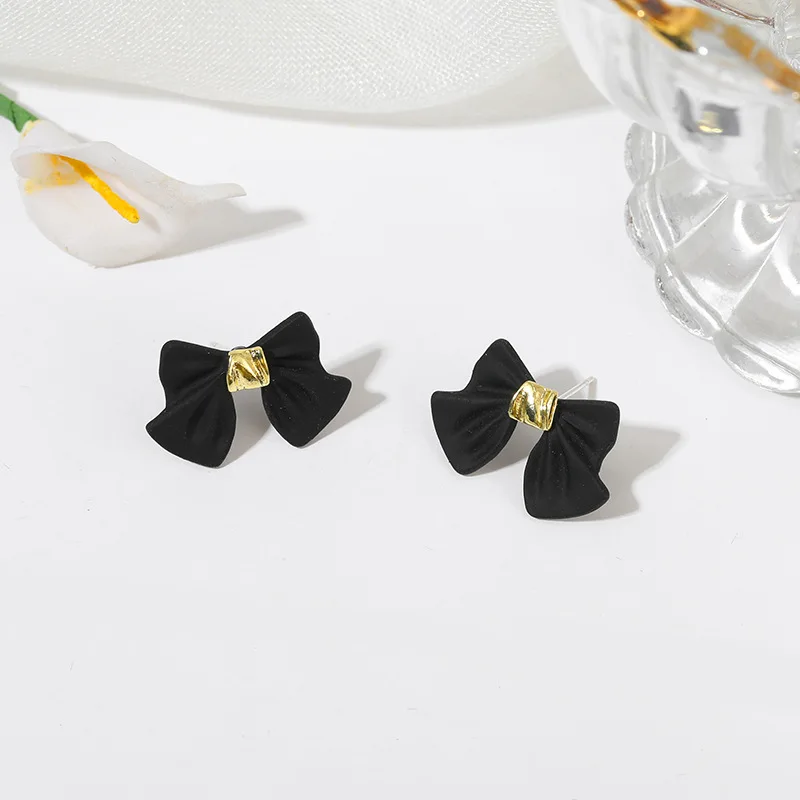 Black Red Bow-knot Girls Stud Earrings Gold Color Metal Knitted Small Earrings Temperament Wedding Ear Accessories aretes