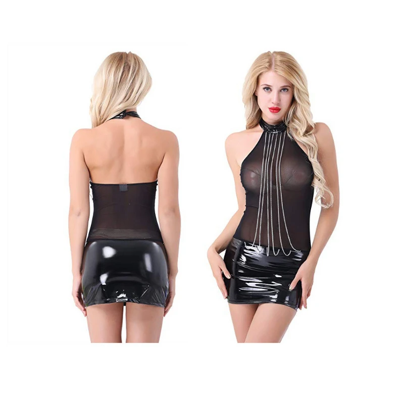 Transparent Latex Catsuit Sex Leotard Sexy Lingerie Leather Sexi Women Bodycon Dress Erotic Underwear Ladies Bodysuit Chain Belt