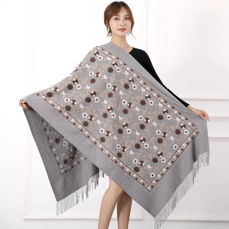 

New Vintage Women Floral Embroidery Scarf Wrap Chinese Ethical Style Thickening Retro Flower Edging Scarf Shawl Warm And Soft