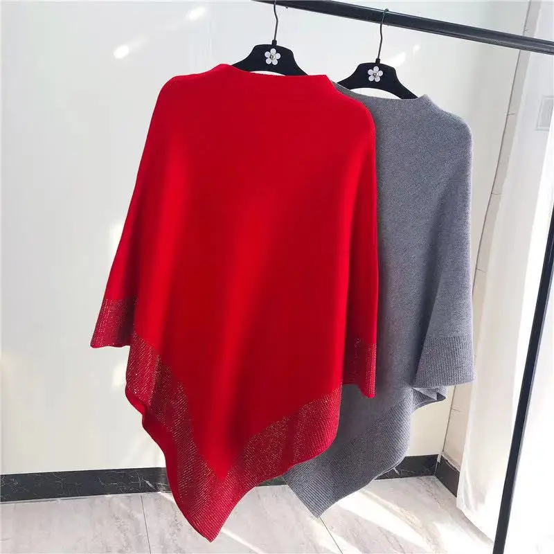 Diamant Luxus Mantel Fledermaus Cape Pullover Mode Warme O Neck Lose Mantel Poncho Pullover Wolle Stricken Schal Mantel 2022 Neue frühling