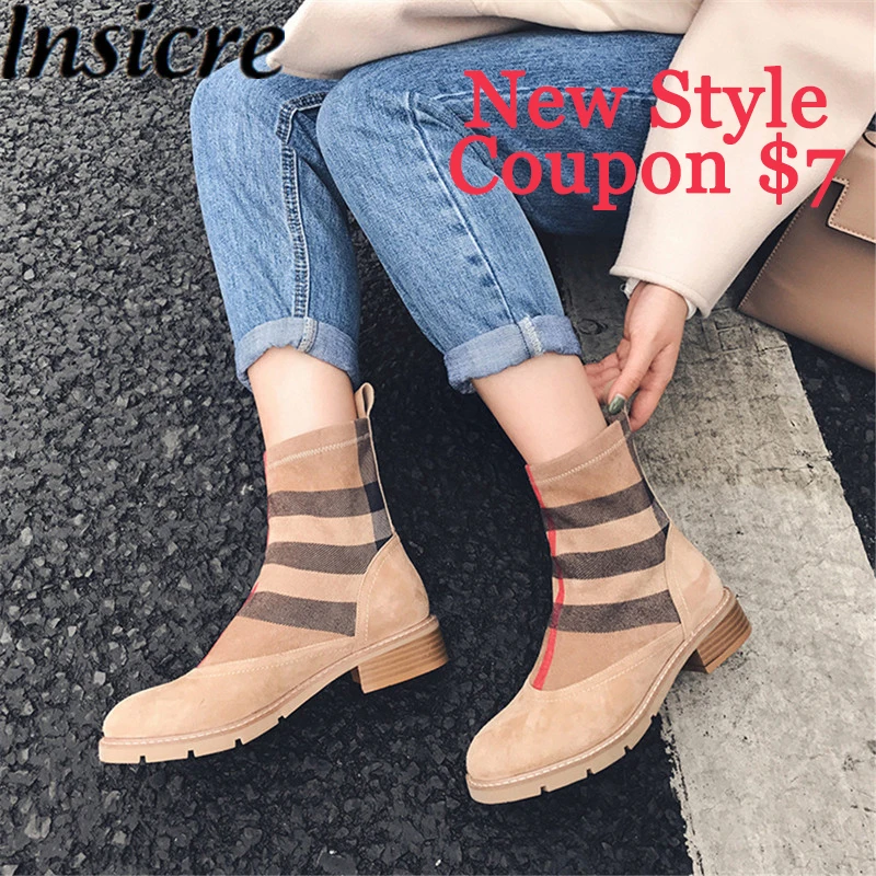 Insicre Top Quality 2022 Spring Luxury Women Ankle Boots Kid Suede Low Heels Large Size Elasticity Shoes Patchwork Brand