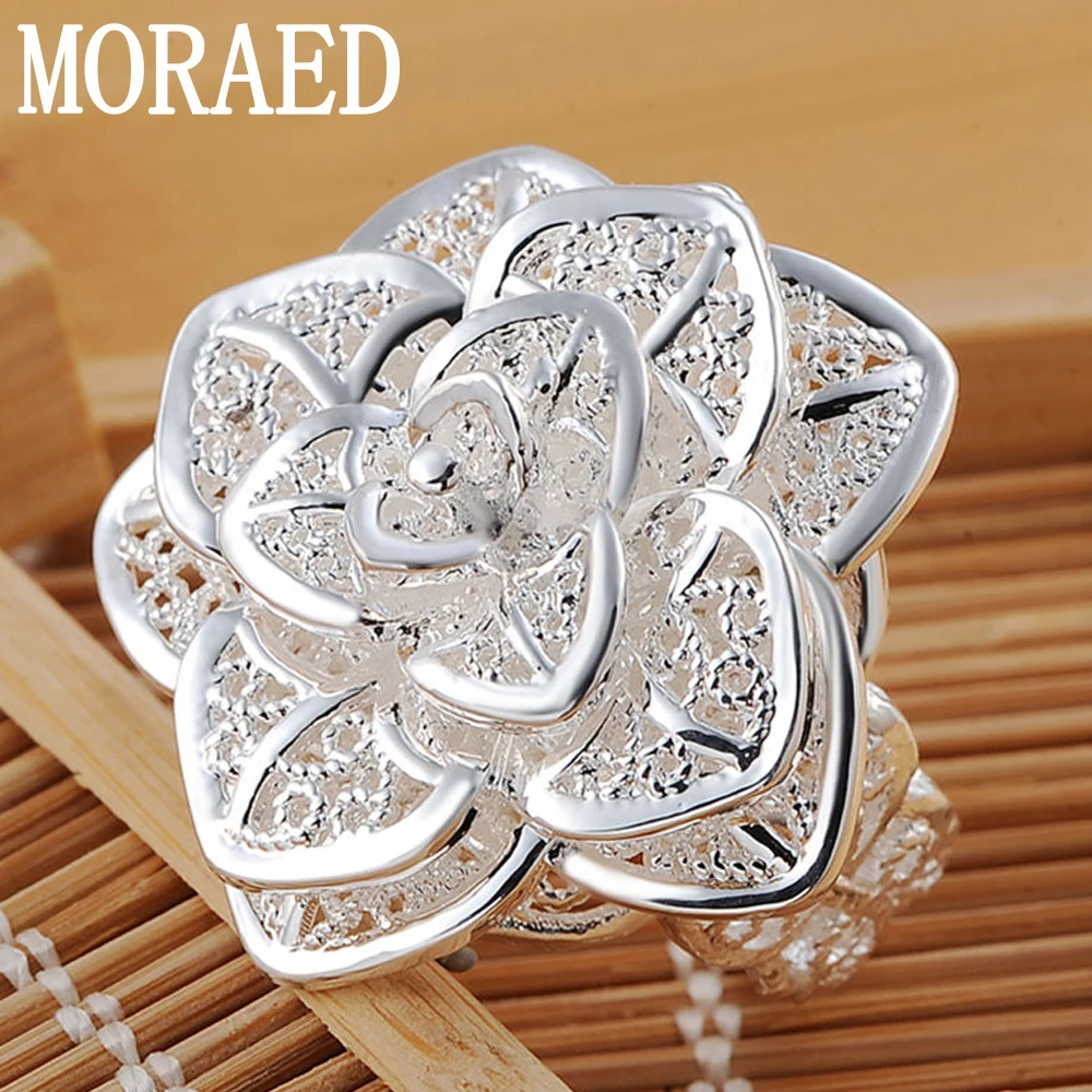 925 Sterling Silver Rings Fashion Rose Flower Open Finger Rings For Women Wedding Engagement Party Jewelry Gift