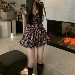 Women Sleeveless Dresses Floral Above Knee Sweet Hot Trendy Slim Sexy Ruffles Kawaii Elegant Temperament Mujer Retro Bow Teens