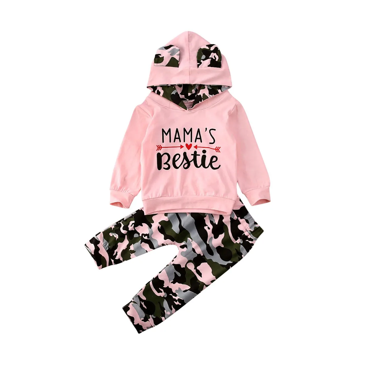 Lioraitiin 0-24M 2PCS Newborn Kid Baby Girl Clothes Set Pink Hooded Tops Camouflage Pants Girl Cotton Outfit Tracksuit