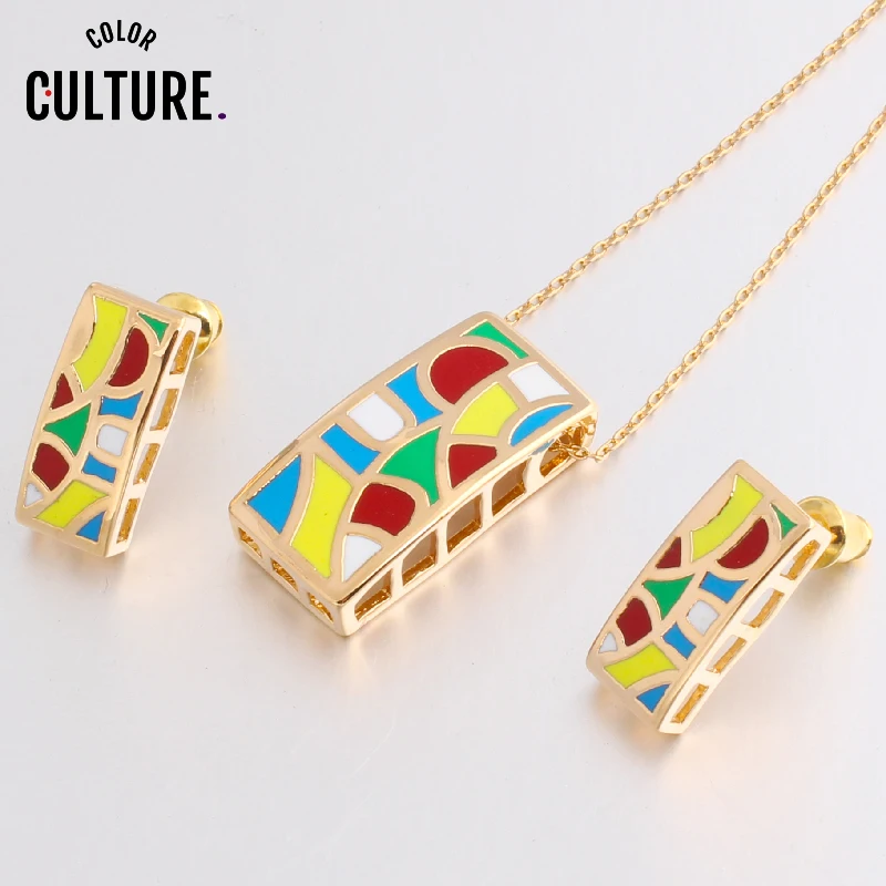 Color Culture New Brand Beautiful Geometry Color Pendant/Earrings for Women Costume Gilded Enamel Jewelry Sets Creative Gift
