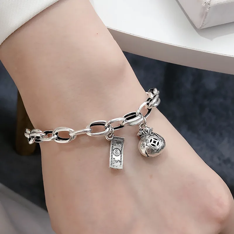 Korea S925 Sterling Silver Retro Do Old Dollar money Bag Chain Bracelet Female Personality Hip Hop Style For Women