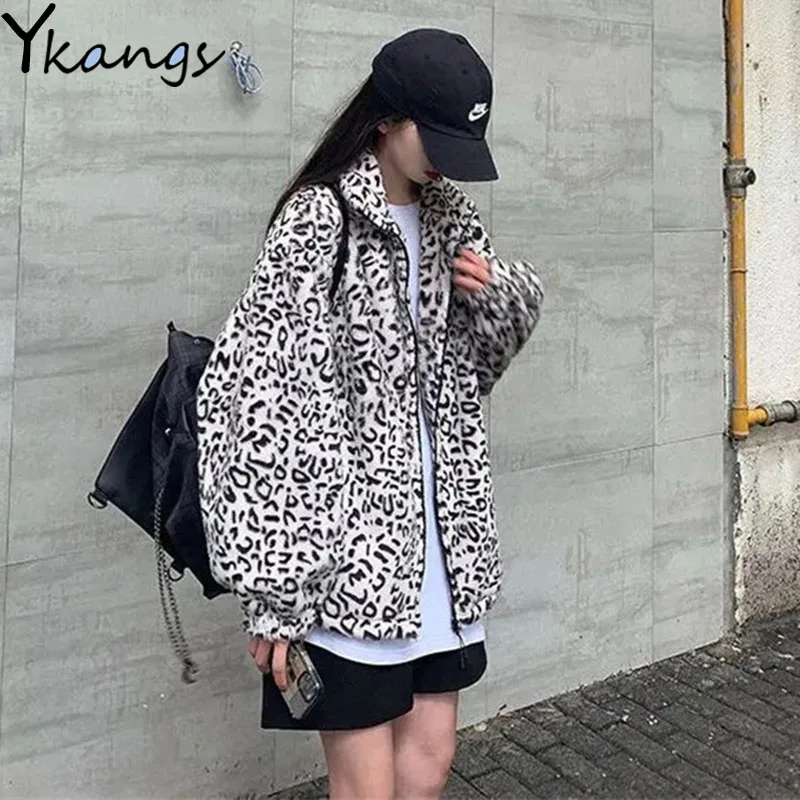 

Streetwear Leopard Print Loose Faux Fur Coat Women Harajuku Student Autumn Basic Jackets Winter Warm Zipper Lapel Outwear Female
