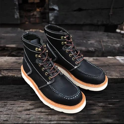 High Quality Japanese Vintage Handmade Men Cow Leather Shoes Autumn Winter Tooling Ankle Boots Platform Work Motorcycle Boots