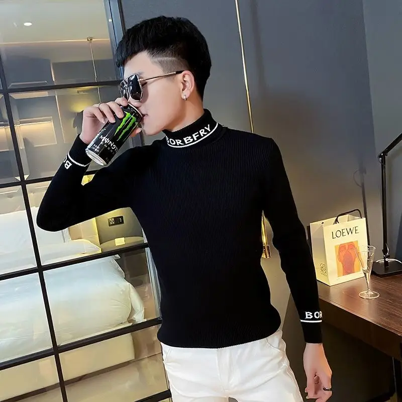 Sweater men\'s high collar winter new sweater Korean slim body bottom shirt black sweater trend sweater sweater