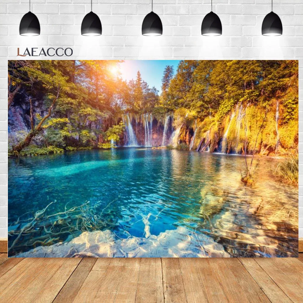 Laeacco Spring Waterfall Trees Stream Rock Landscape Vinyl Nature Scenery Photography Backgrounds Backdrops Photophone Photozone