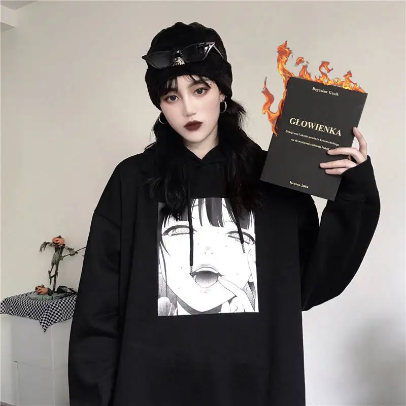 

Black Harajuku Hoodie Girls Tops Cool Oversized Sweatshirt Females Japan Ulzzang Tops Fashion Punk Gothic Hoodie Streetwear