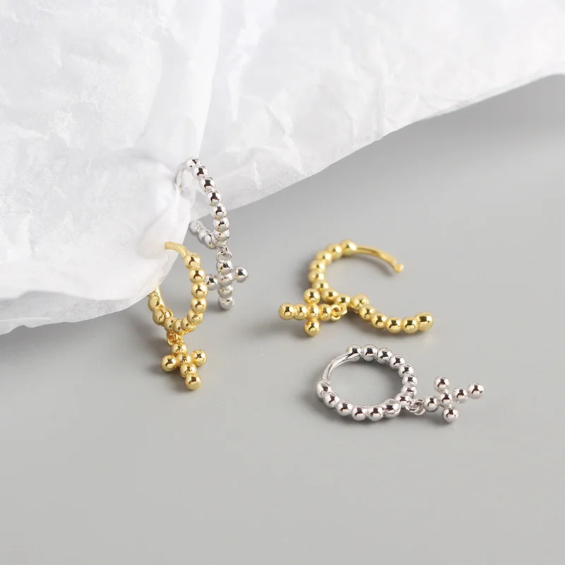 WANTME-925 Sterling Silver Cross Stud Earrings para Mulheres, 100% Genuíno, Contas Redondas, Punk, Hip Hop, Boêmio, Jóias de Festa, Moda