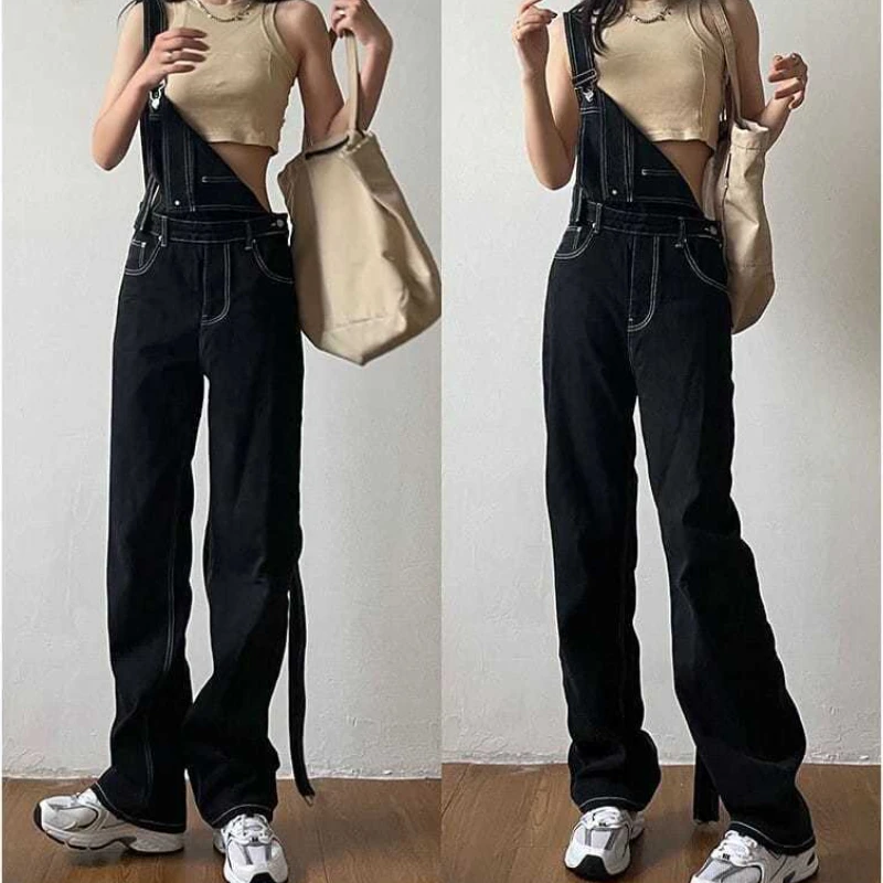 Overalls Frauen Sommer Schwarz Denim Insgesamt Streetwear Wischen Lose Hohe Taille Mode Vintage Casual Harajuku Preppy Mädchen Chic