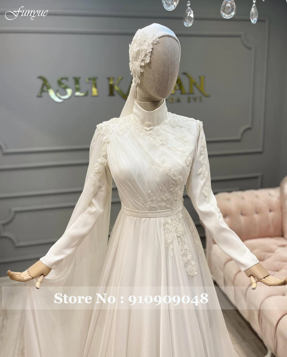 Elegante muslimische Langarm Brautkleid A-Linie Chiffon Spitze Frankreich Brautkleid neue High Neck Applikationen Vestidos de Novia