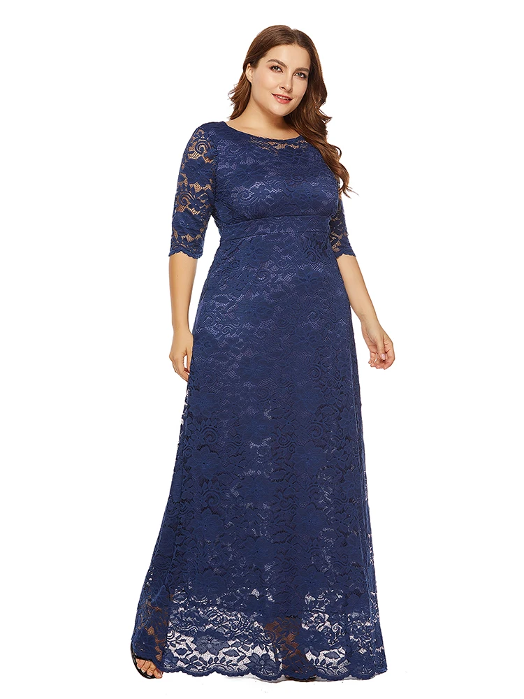 Plus Size 6xl O-hals Kant Avondjurk Uitgeholde Prom Gown Hebben Zakken Formele Jurk Half Mouw Gewaad Xucthhc 2020 nieuwe Jurk