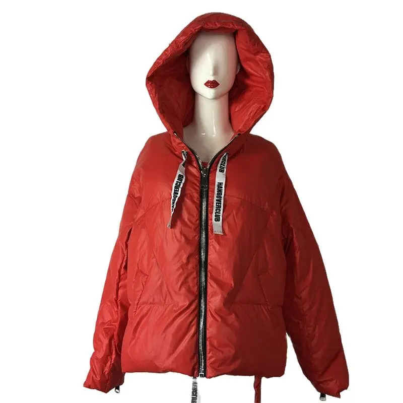 

Women's Down Jackets Winter Fashion With Hooded Red Color With Drawstring Short Doudoune Femme Hiver