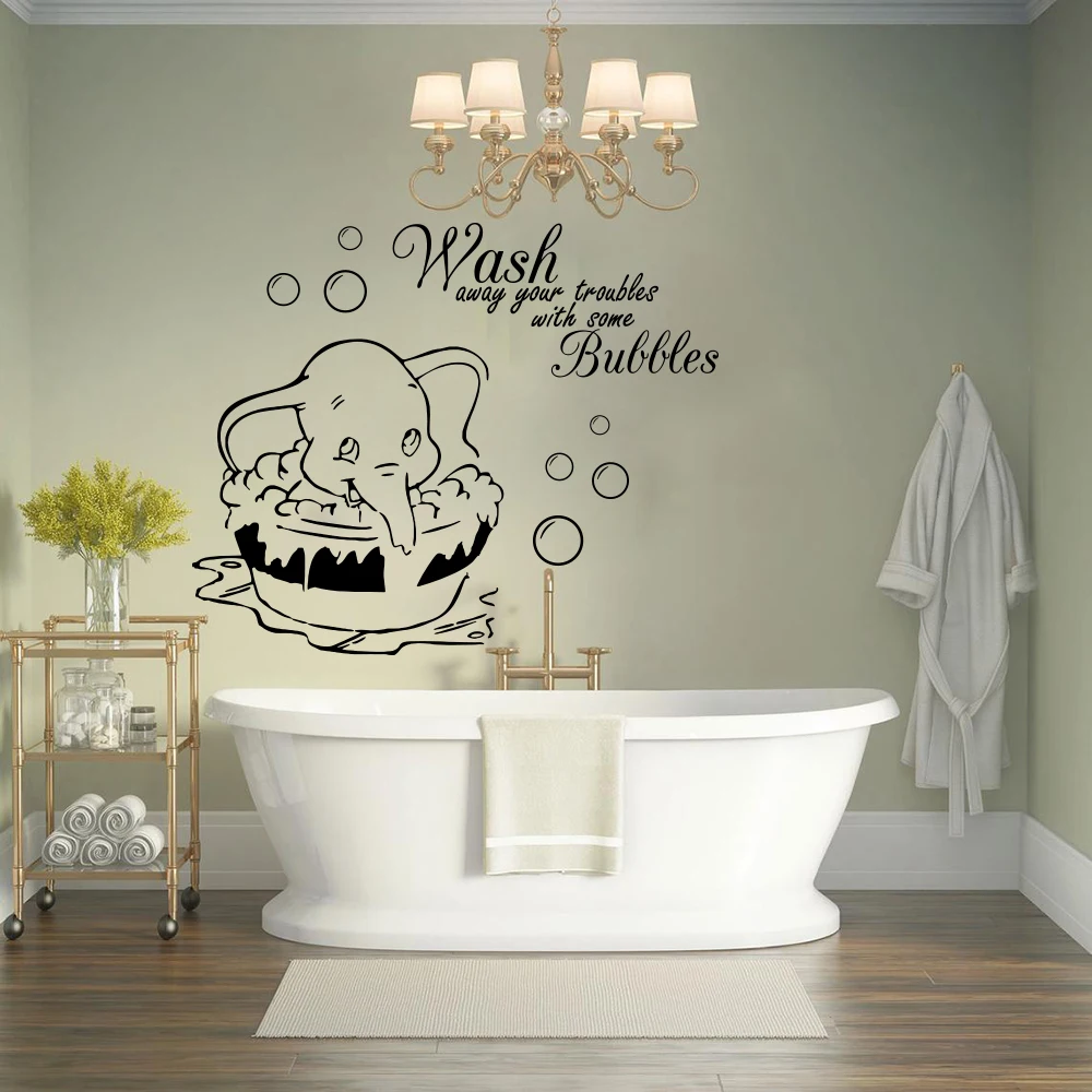 Dumbo Wash Away Your Troubles Wall Sticker Bathroom Toilet Elephant Wash Bubble Inspirational Quote Wall Decal Bath Vinyl Decor