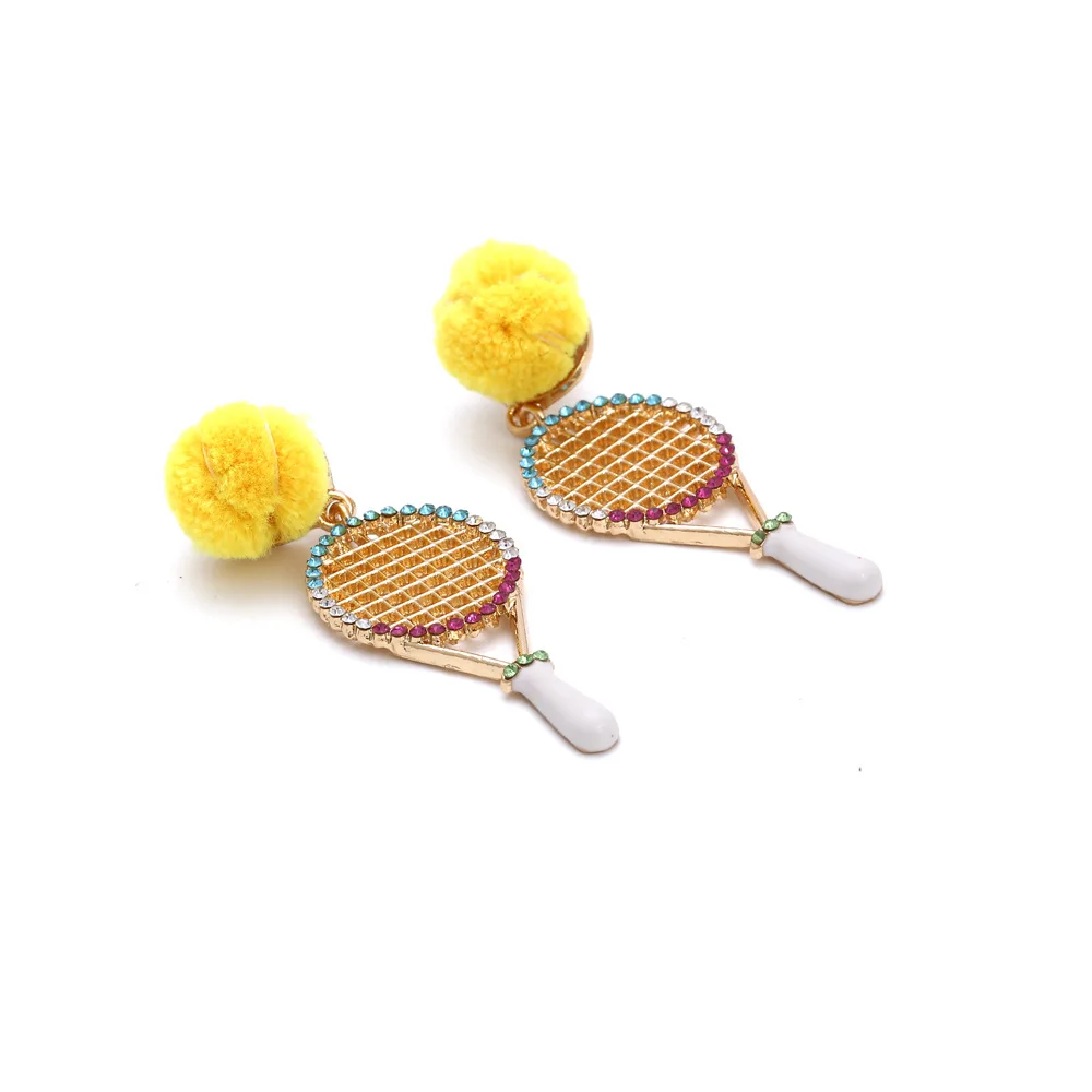 Fashion Creative Tennis Racket Statement Earrings 2021 New Woman Trend Hairball Ear Jewelry