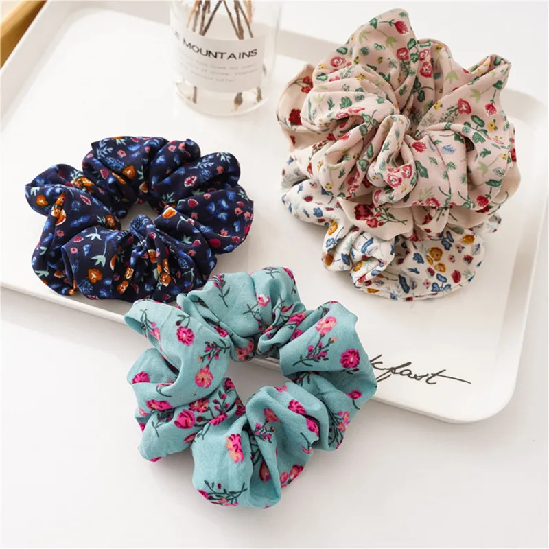 Ruoshui Woman Printed Floral Hair Ties Flower Scrunchies Vintage Elastic Hairband Hair Rope Hair Accessories Headwear Hair Gum