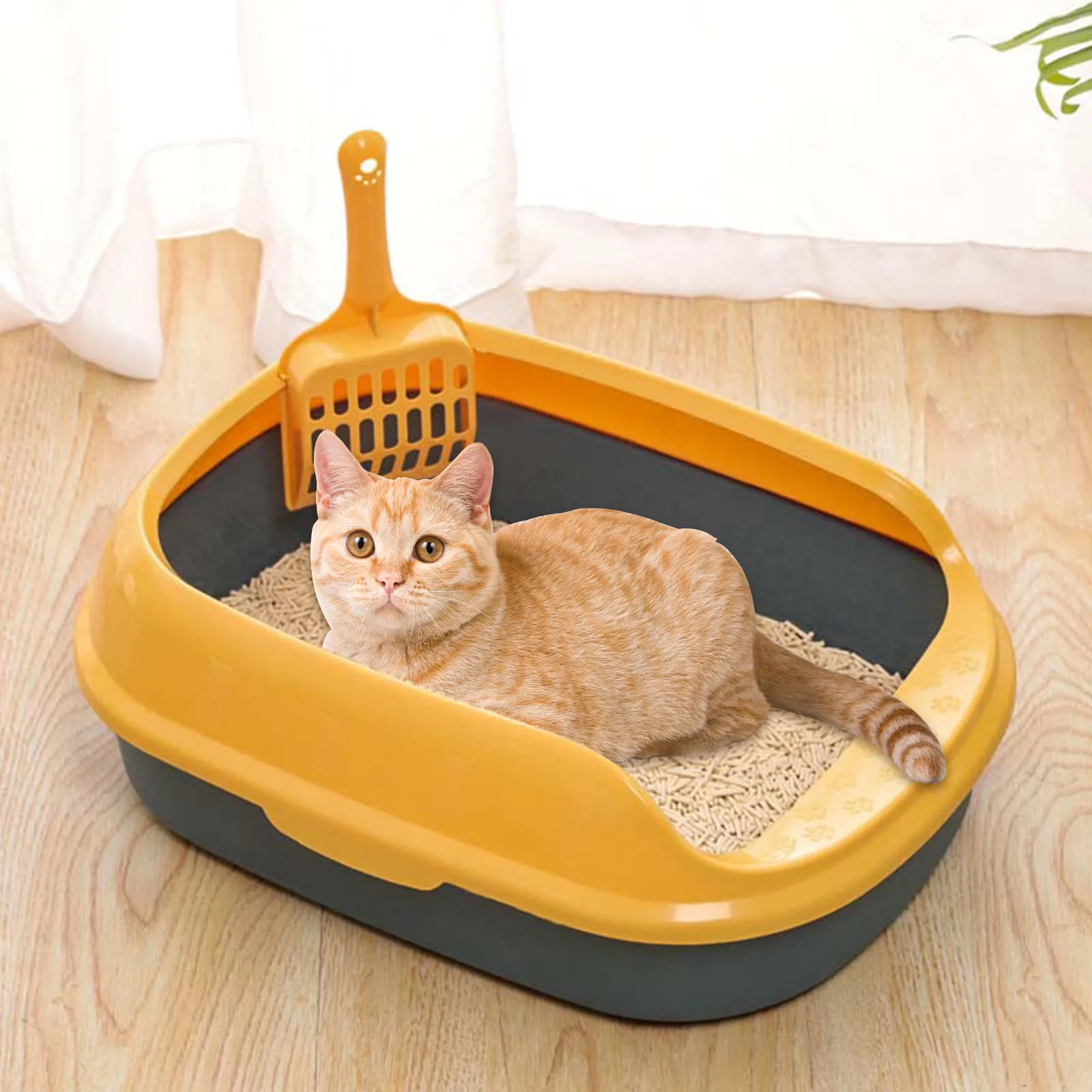 Durable Cat Litter Box PP Pet Non-Stick Pet Litter Tray Safe Pan Anti-Splash Detachable Rim Toilet W/Scoop Shovel Bedpan