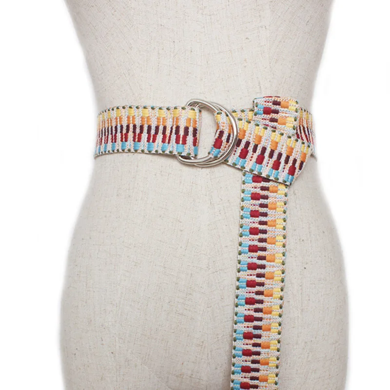 New Printed Women Canvas Belts D Ring Buckle Ladies Long Multicolor Weave Waist Strap Jeans Trouser Female Belt Waistband