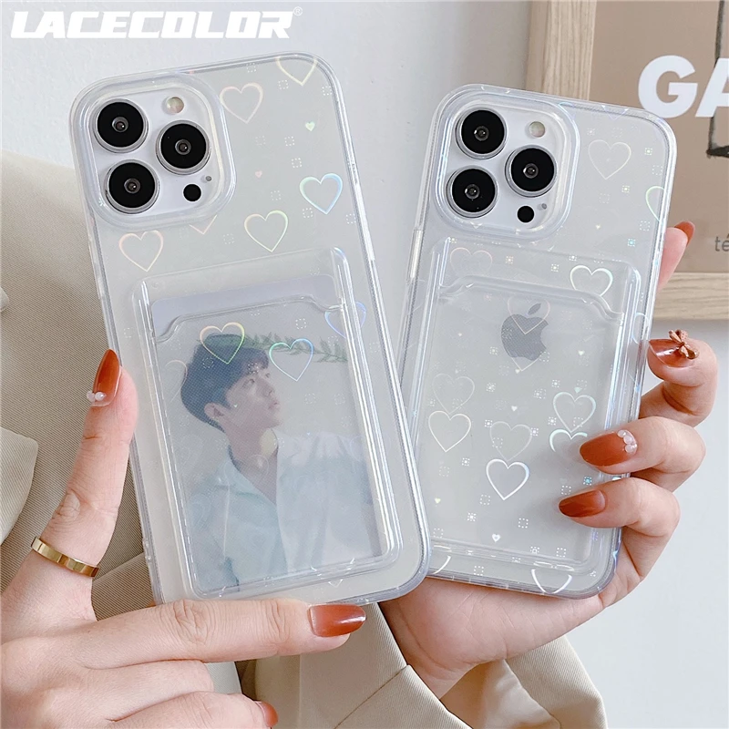 Cute Laser Love Heart Card Holder Case For iPhone 16 15 14 13 12 11 Pro Max XS X XR 7 8 Plus SE 2 Mini Clear Wallet Soft Cover