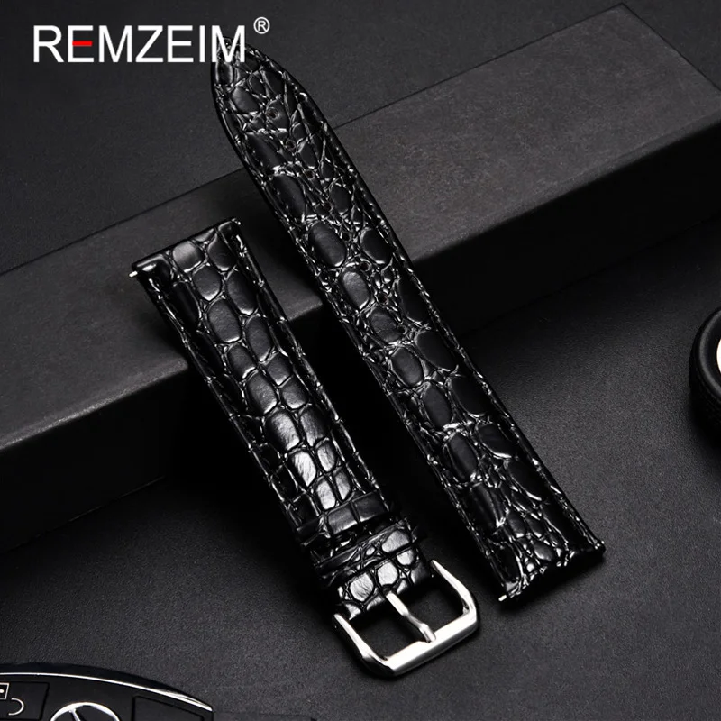 REMZEIM Leather Watchband Strap 16 /18 /20 /22 /24mm Stainless Steel Buckle Men Women Replace Band Watch Accessories