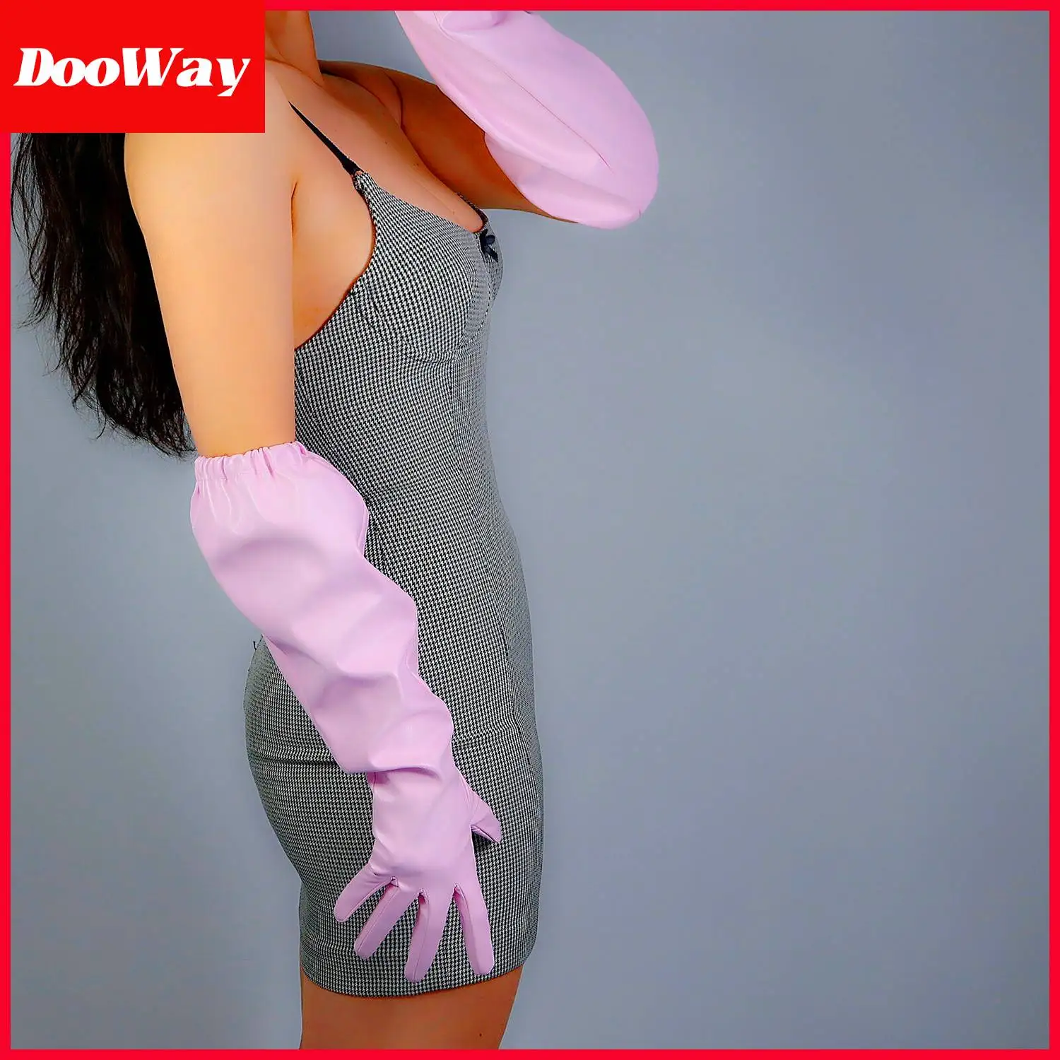 DooWay Women Pink Long Evening Gloves Latex Faux Leather Oversize Large Loose Sleeve Elastic Trimmed Elbow Opera Evening Glove