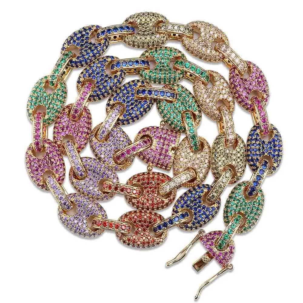 

Hip Hop Multicolor AAA+ Cubic Zirconia Bling Ice Out Solid Coffee Beans Link Chain Necklace for Men Rapper Jewelry Gold Color